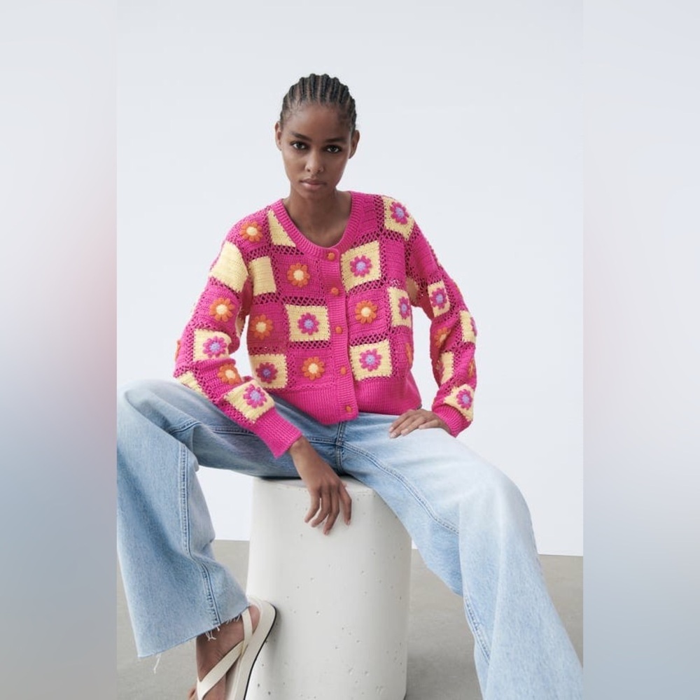 Zara Pink and Yellow Crocheted Knit Cardigan Limited Edition